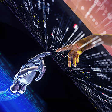 Human hand reaching toward robotic hand across streaming digital code and data visualization