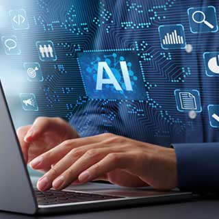 Hands typing on a laptop with a digital AI interface overlay, representing the best AI apps and modern artificial intelligence tools. 