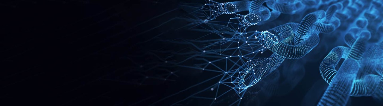 Futuristic blue digital chain fragmenting into interconnected data nodes, network lines on dark background