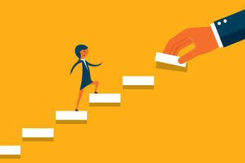 Businesswoman climbing ascending blocks aided by giant hand on yellow background