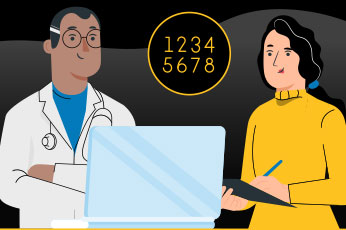 Doctor and patient reviewing laptop screen while female writes notes, code "1234 5678" visible