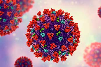 Spherical coronavirus particle with red spike proteins floating in soft background