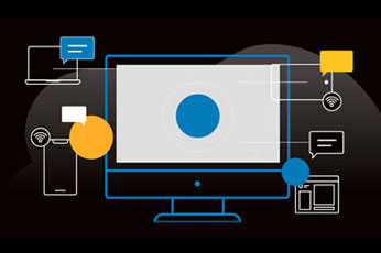 Desktop monitor, smartphone and laptop connected by lines illustrating responsive messaging network