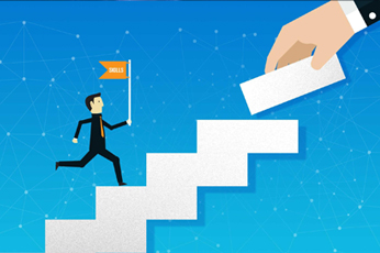 man climbing steps toward a flag reading "Goal" while giant hand adds a step