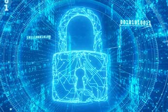 Glowing neon padlock projected over binary code and concentric circuit rings