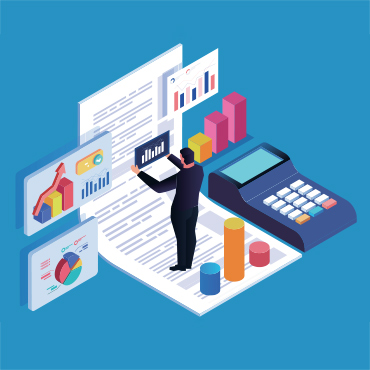 Analyst reviewing colorful financial charts and bar graphs on oversized receipt beside calculator