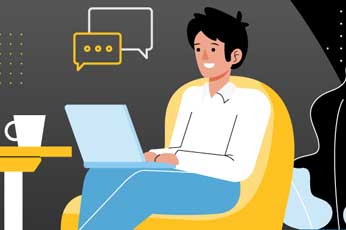 Young person typing on laptop in yellow armchair, chat bubbles above