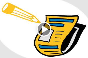 Cartoon pencil writing on a yellow notepad against white background