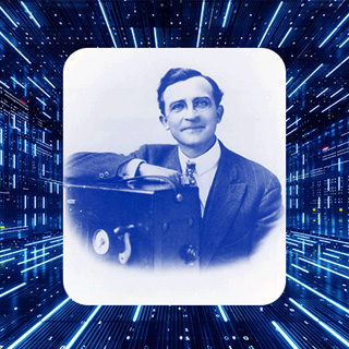 An image of DeVry University founder, Dr. Herman DeVry, posing with a portable motion picture projector is displayed on top of a futuristic background graphic.