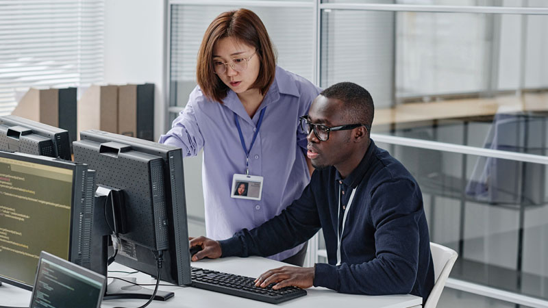 Woman stands next to man seated at a computer and points to monitor in an office environment.